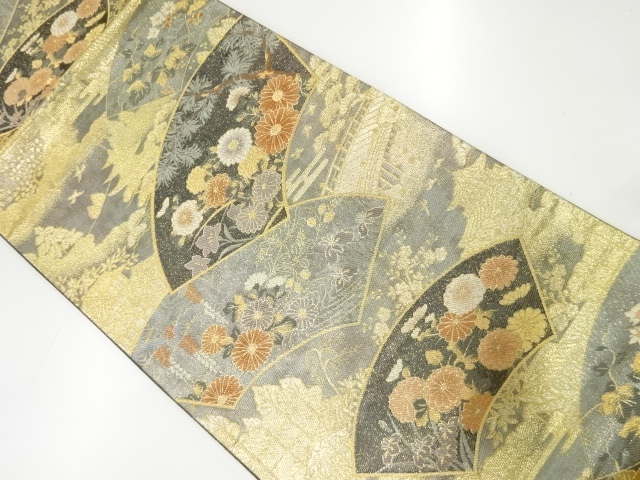  リサイクル　地紙に四季花・寺院風景模様織出し袋帯